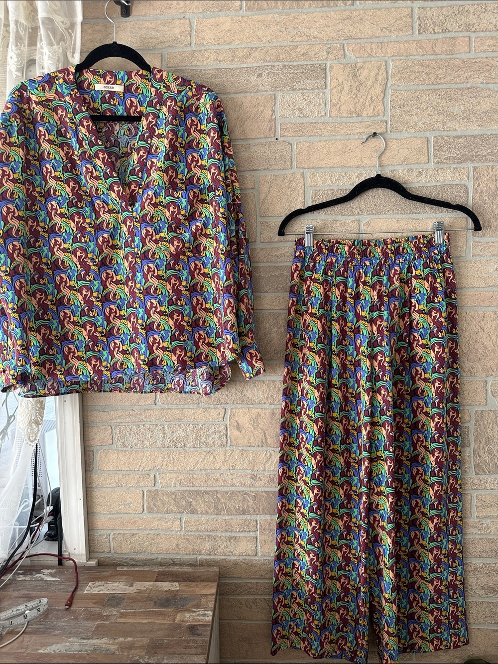 ODEEH Patterned V-Neck Blouse and Pull On Pants Set - Mustard & Olive 34